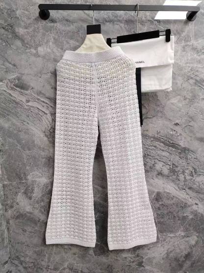 CC 26SS  Vacation style white hollow knitted pants