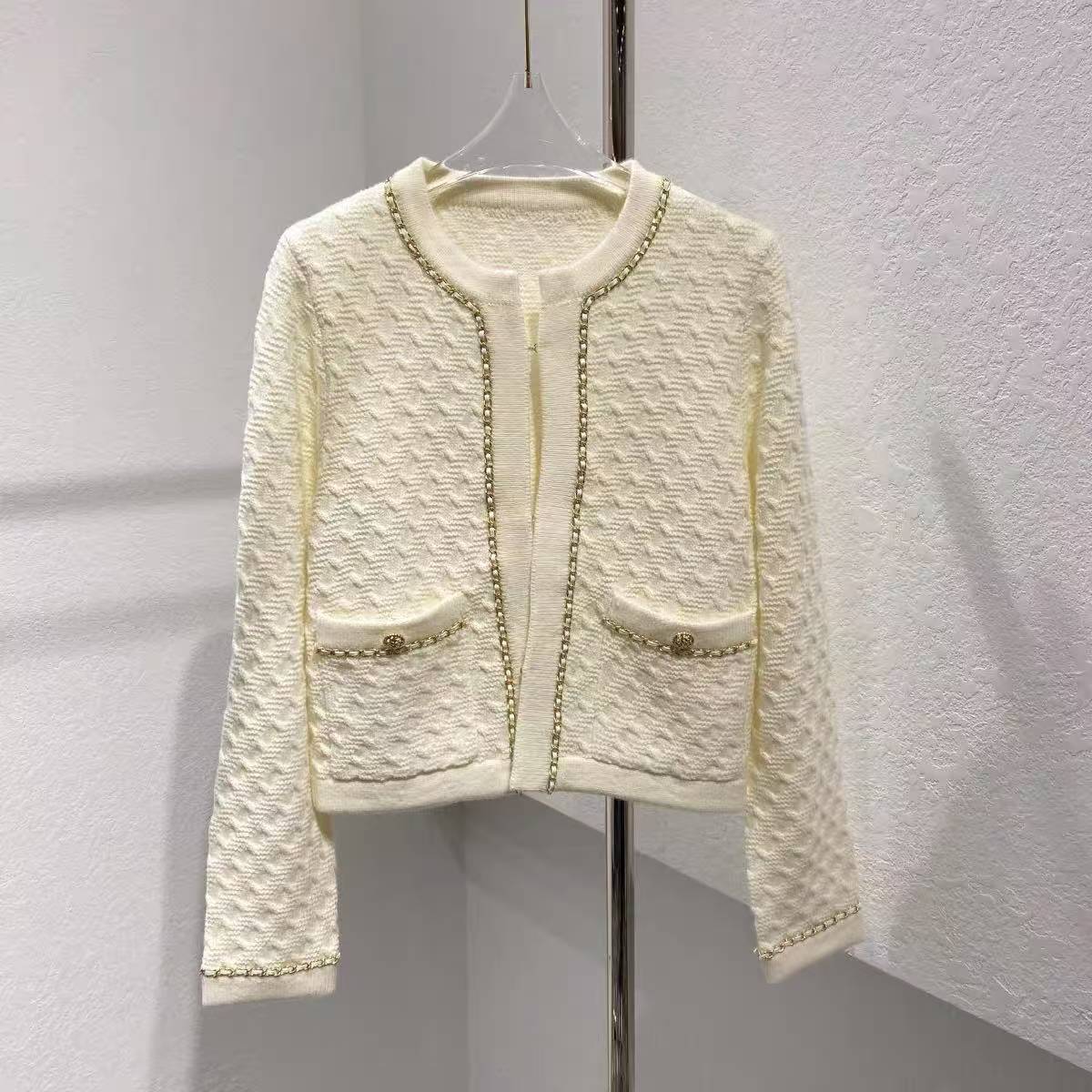 CC Black gold leather chain knitted cardigan