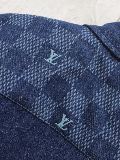 1V Color blocked checkered denim short sleeved shirt