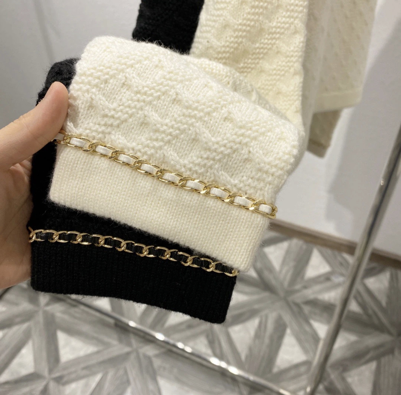 CC Black gold leather chain knitted cardigan