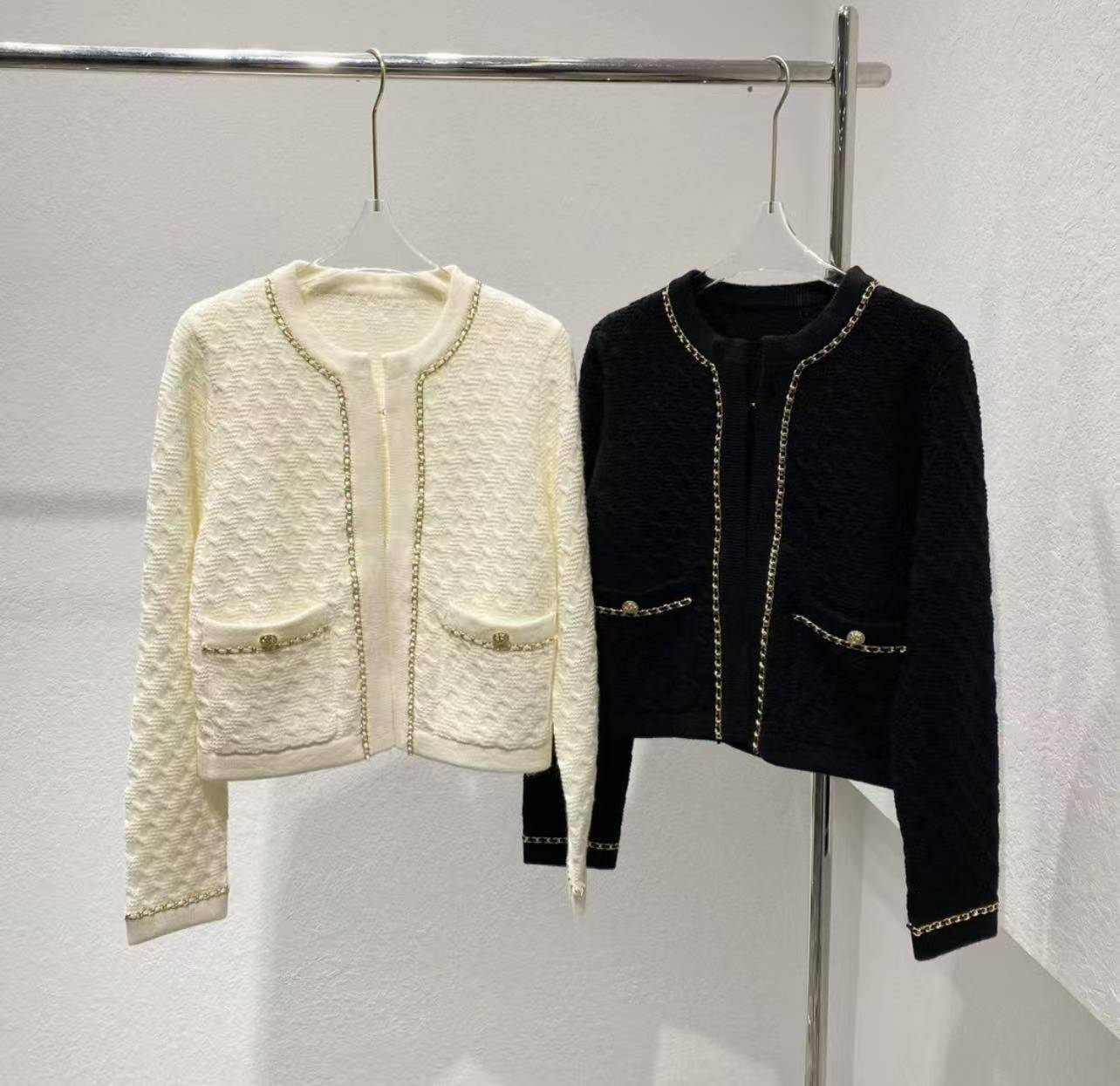 CC Black gold leather chain knitted cardigan