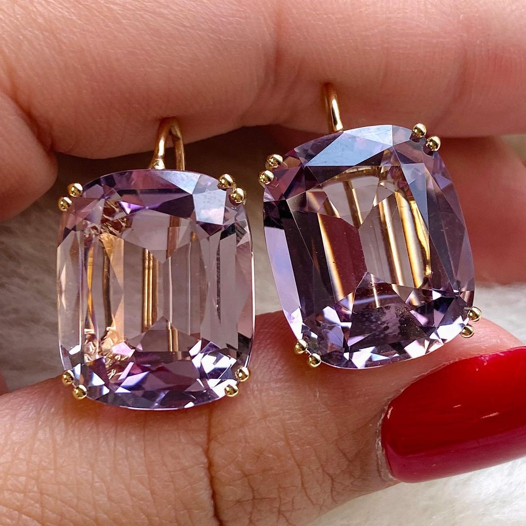 6ct Gold Double Claw Cushion Cut Purple Drop Earrings