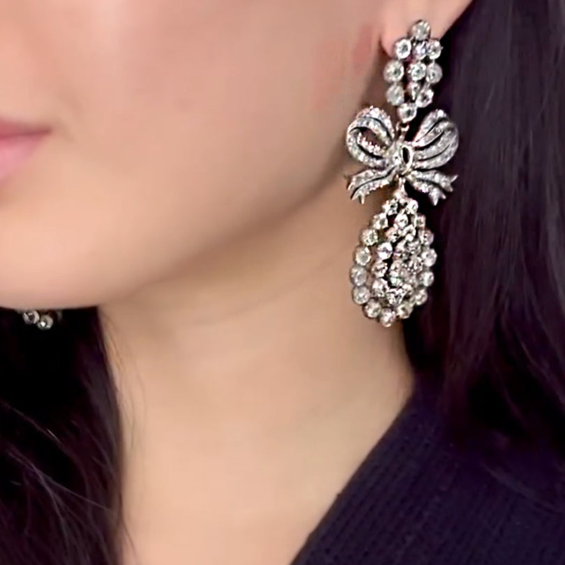 Luxurious Vintage 7ct Round Cut White Diamond Bow Earrings