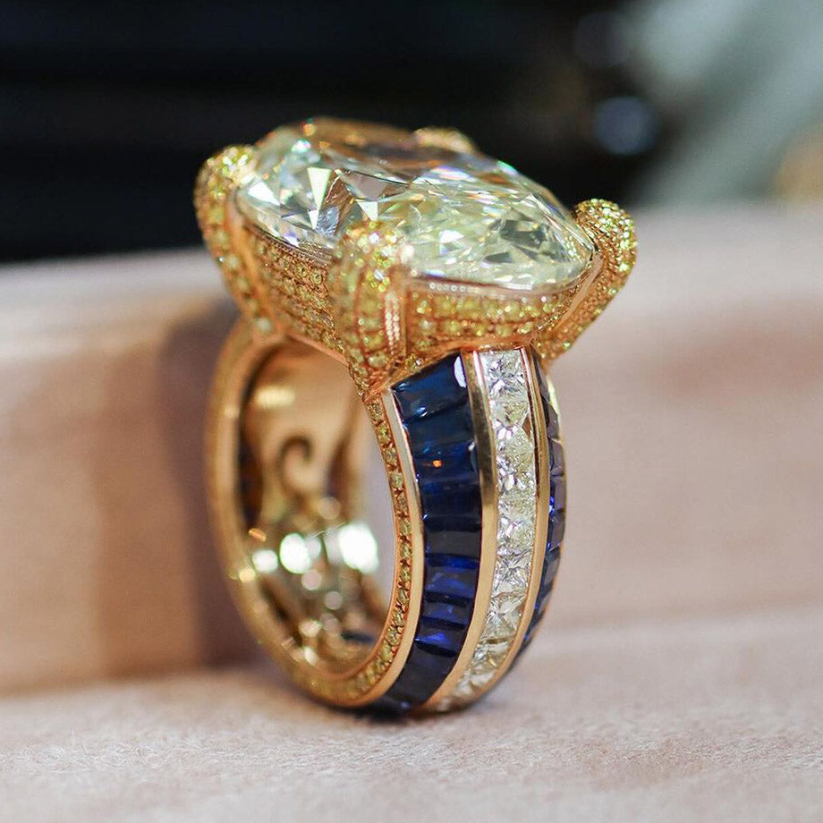 8ct Oval Cut Yellow and Blue Stones Ring