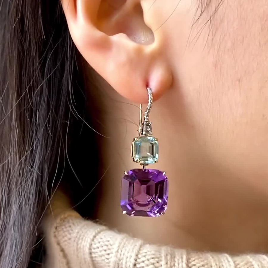 Asscher Cut Aquamarine&Amethyst Sapphire Drop Earrings