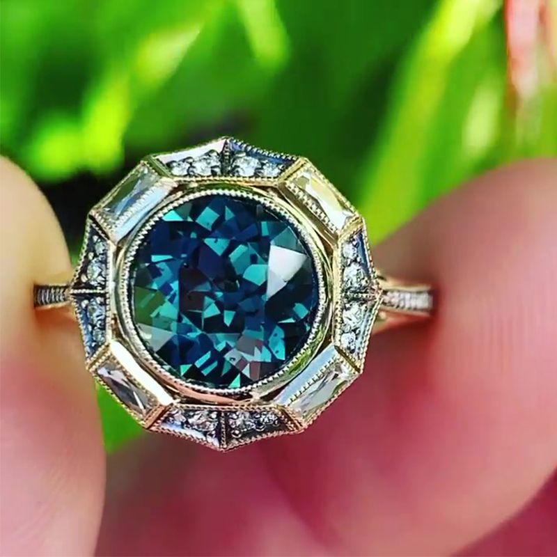 Vintage Octagonal 4ct Round Cut Teal Sapphire Statement Ring - Fierylee Made