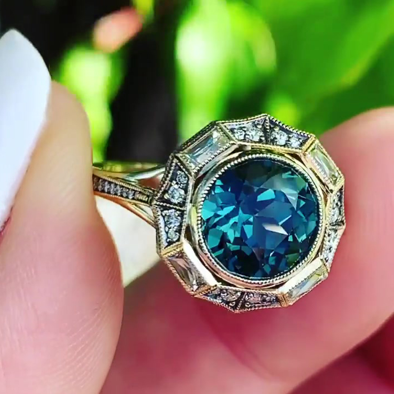 Vintage Octagonal 4ct Round Cut Teal Sapphire Statement Ring - Fierylee Made