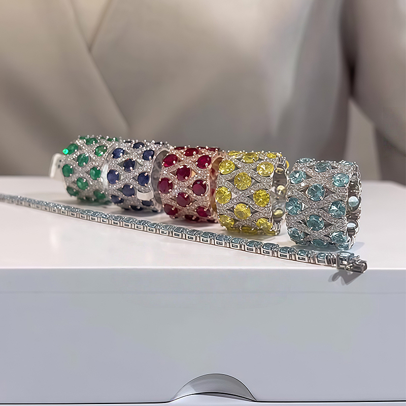 Grid Pattern Multi-Color Sapphire Round Cut Wide Wedding Band