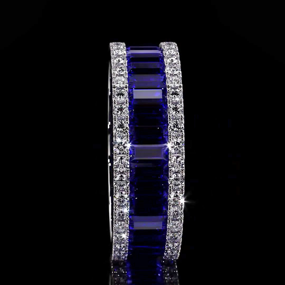 6.25ct Emerald Cut Blue Sapphire Eternity Ring - Fierylee Made