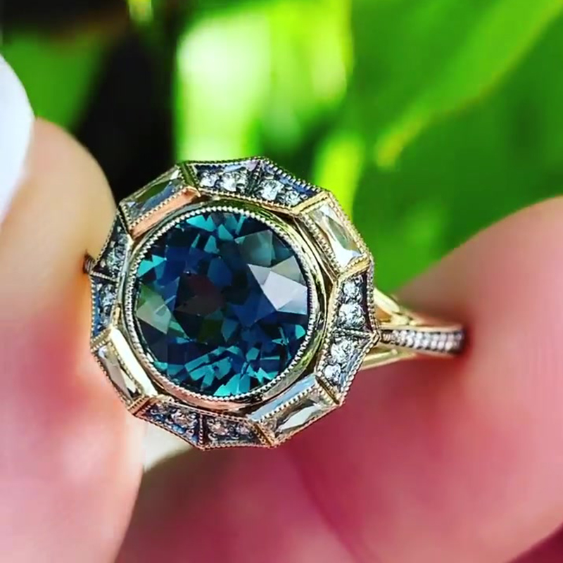 Vintage Octagonal 4ct Round Cut Teal Sapphire Statement Ring - Fierylee Made