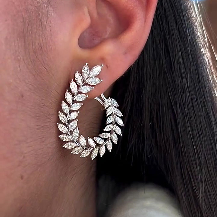 S925 Moissanite Leaf Design Marquise Cut Hoop Earrings - Fierylee Made