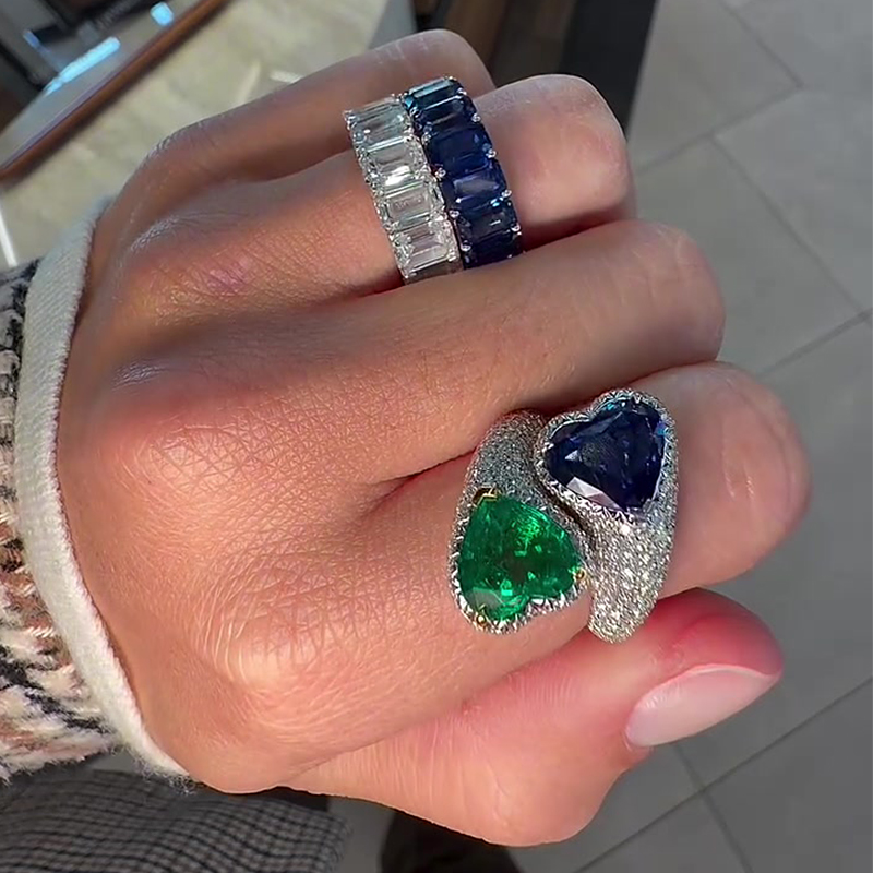 Toi et Moi Design Emerald & Blue Sapphire Micro-Pave Ring