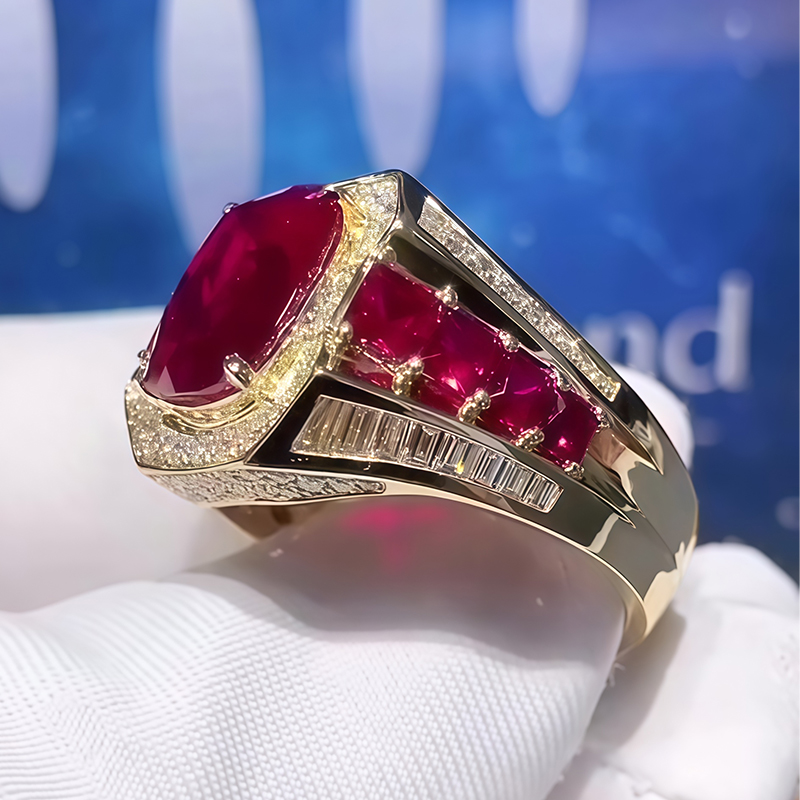 Cushion Cut Ruby & Multi-Cut White Sapphire Men's Ring
