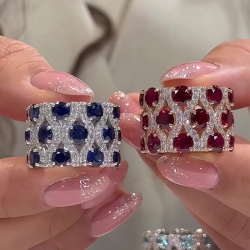 Grid Pattern Multi-Color Sapphire Round Cut Wide Wedding Band