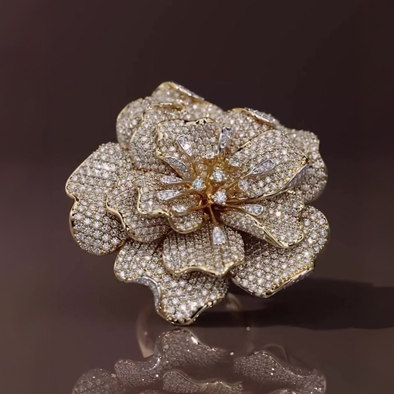 S925 Moissanite Round Cut Convertible Floral Brooch-Ring - Fierylee Made