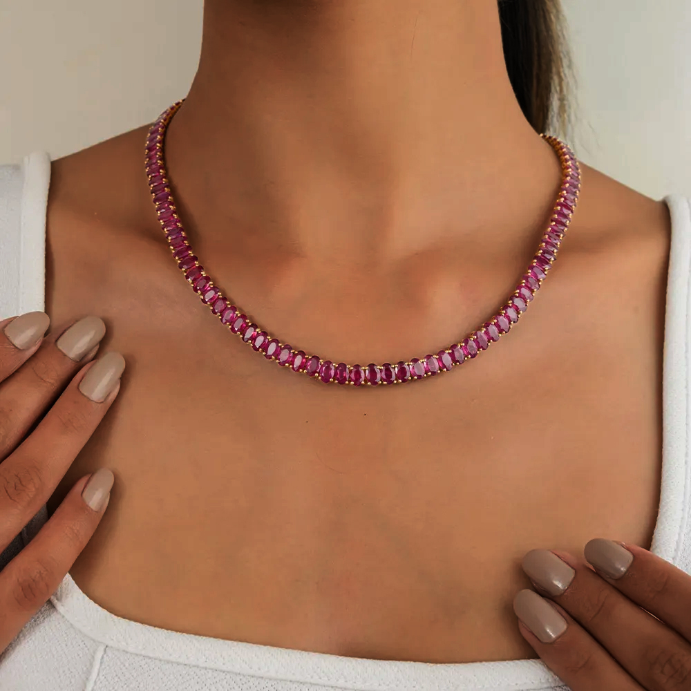 Classic Oval Cut Ruby Sapphire Tennis Necklace - Fierylee Made
