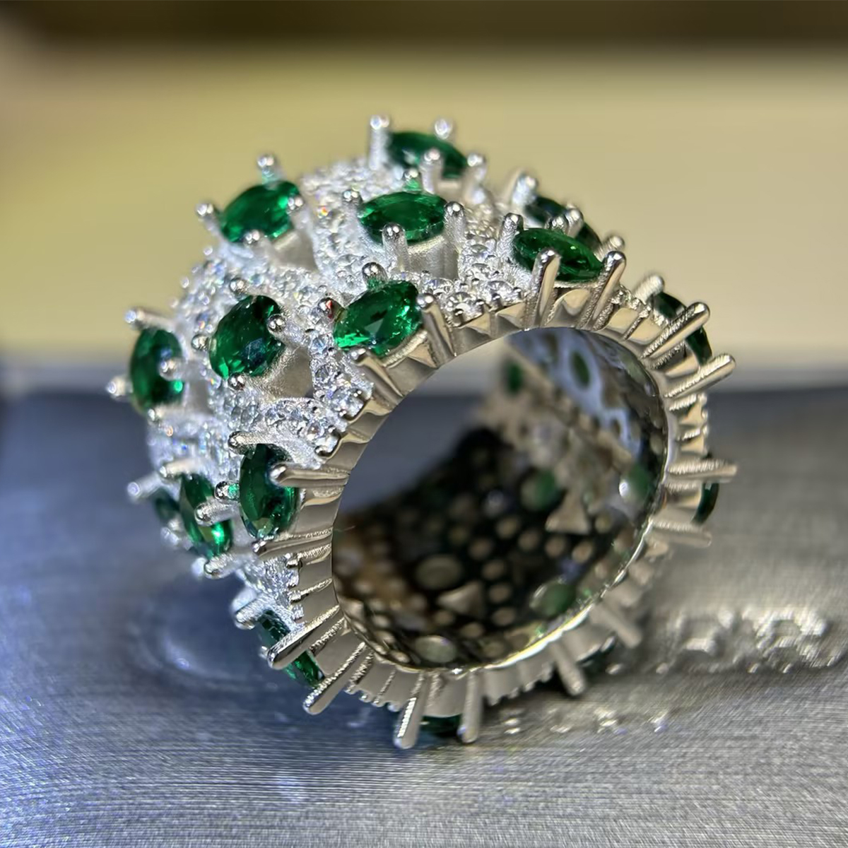 Grid Pattern Multi-Color Sapphire Round Cut Wide Wedding Band