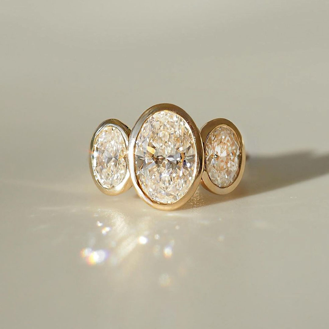 S925 Moissanite 8ct Three-Stone Oval Cut Bezel Setting White Ring-fierylee made