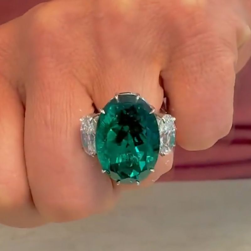 10ct Three-stone Oval Cut Emerald Sapphire Statement Ring - Fierylee Made