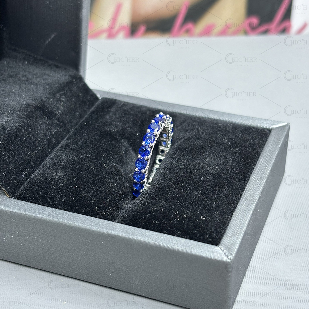 Two Style Round Cut Sapphire&Diamond Wedding Band