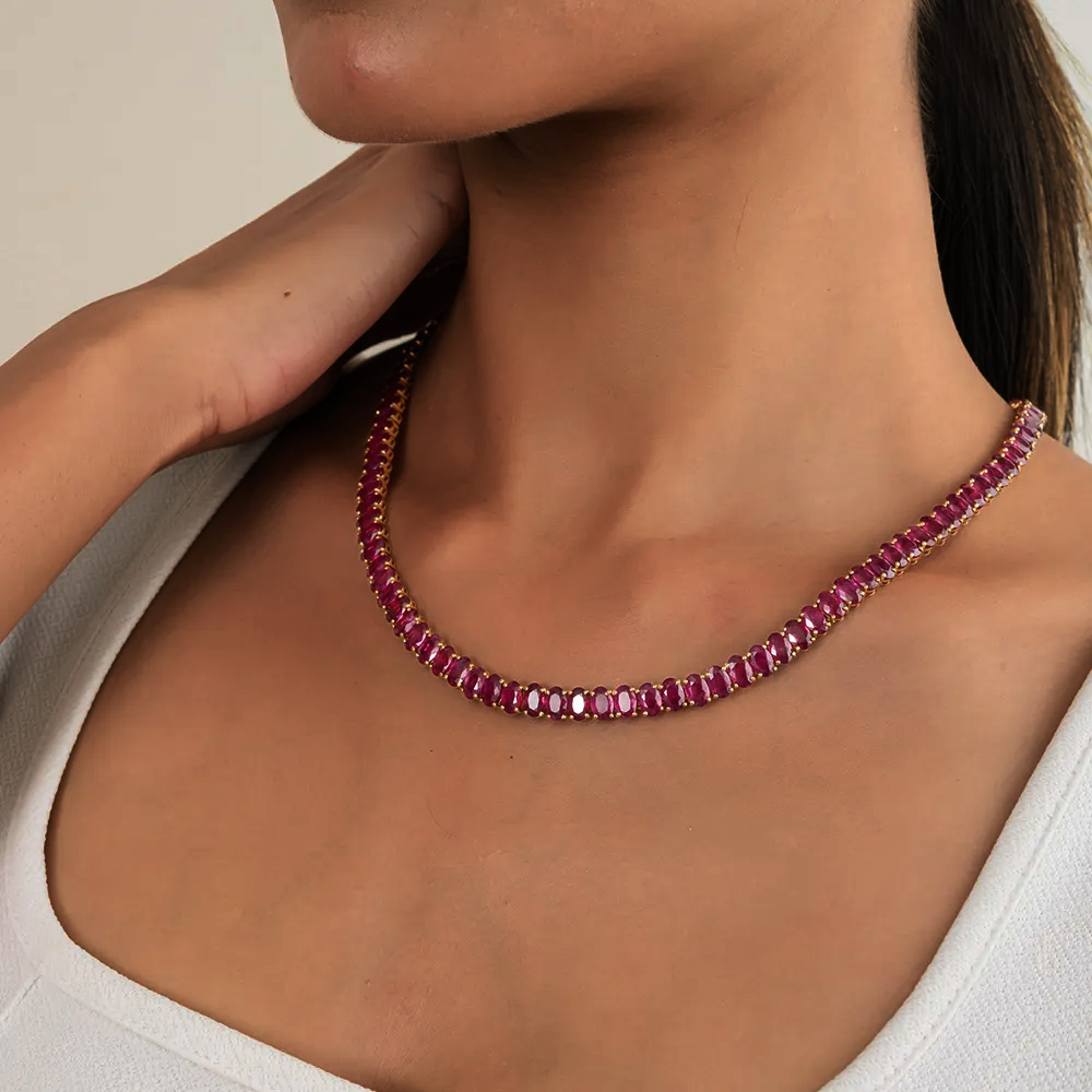 Classic Oval Cut Ruby Sapphire Tennis Necklace - Fierylee Made