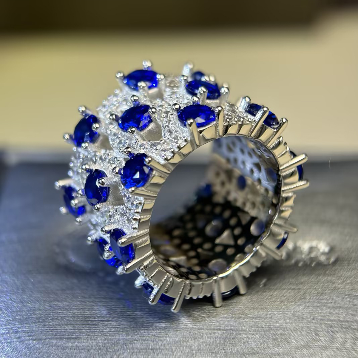 Grid Pattern Multi-Color Sapphire Round Cut Wide Wedding Band