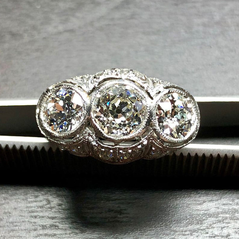 8.3ctw Old Mine Cut Antique Estate 3 Stone Ring