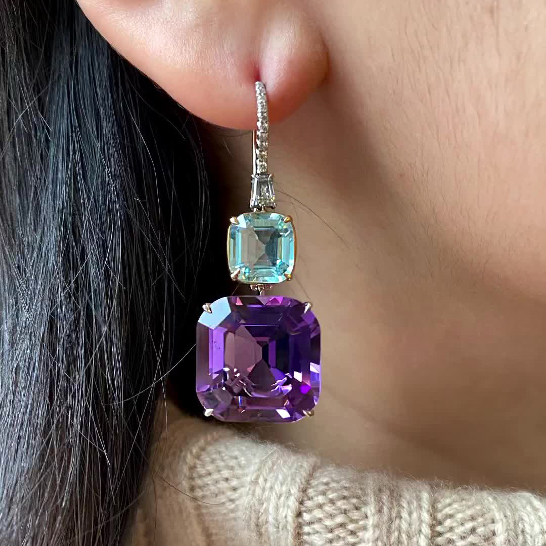 Asscher Cut Aquamarine&Amethyst Sapphire Drop Earrings