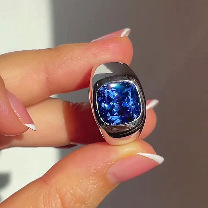 5ct Cushion Cut Blue Sapphire Men's Engagement Ring