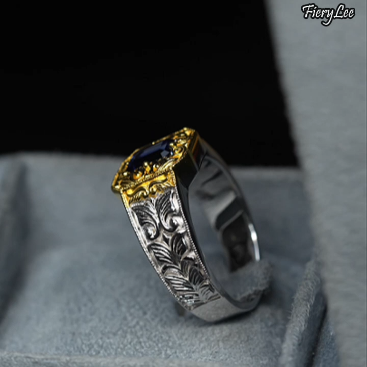 Arabesque-Engraved Cornflower Blue Sapphire Men's Ring