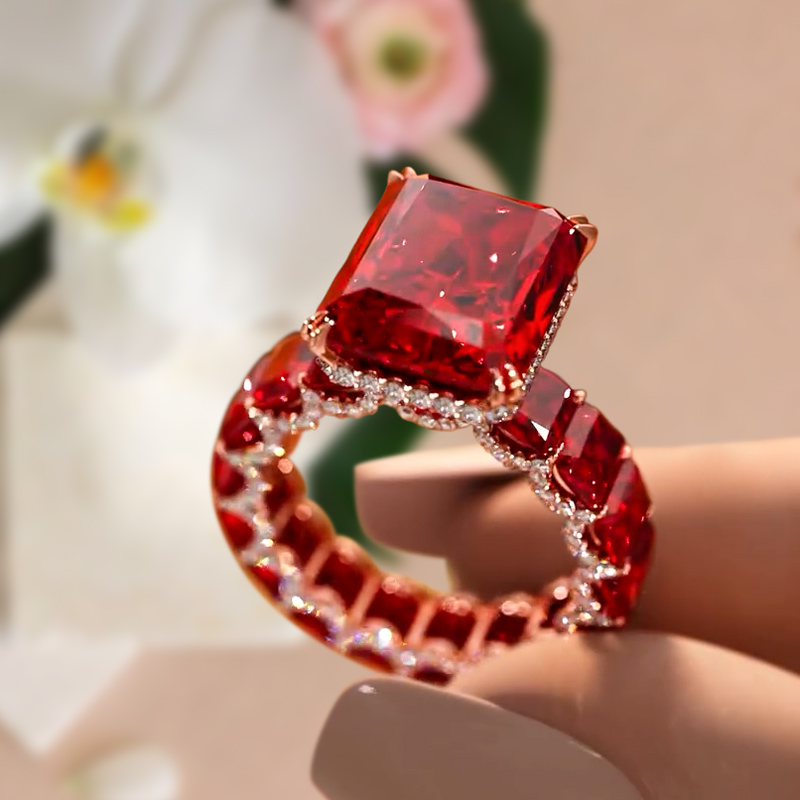 6ct Under Halo Emerald Cut Garnet Sapphire Engagement Ring