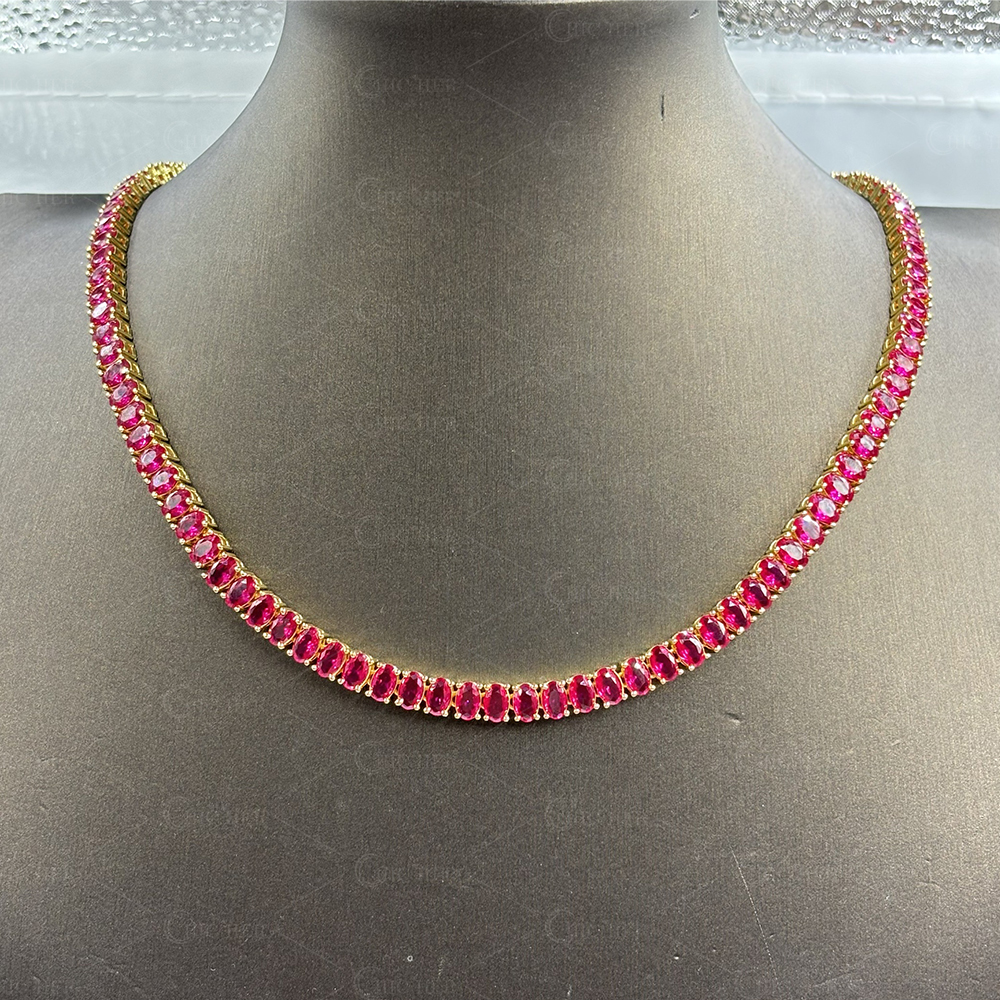 Classic Oval Cut Ruby Sapphire Tennis Necklace - Fierylee Made