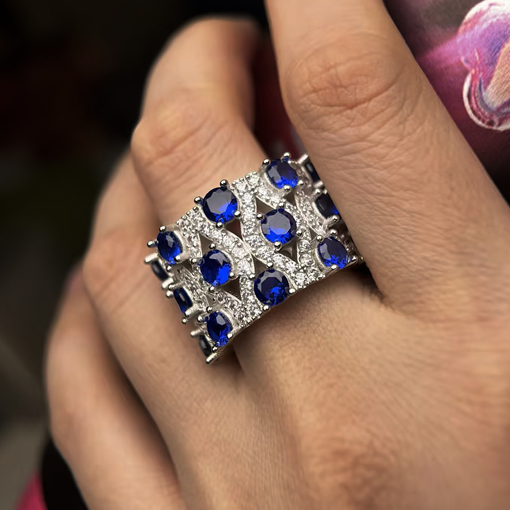 Grid Pattern Multi-Color Sapphire Round Cut Wide Wedding Band