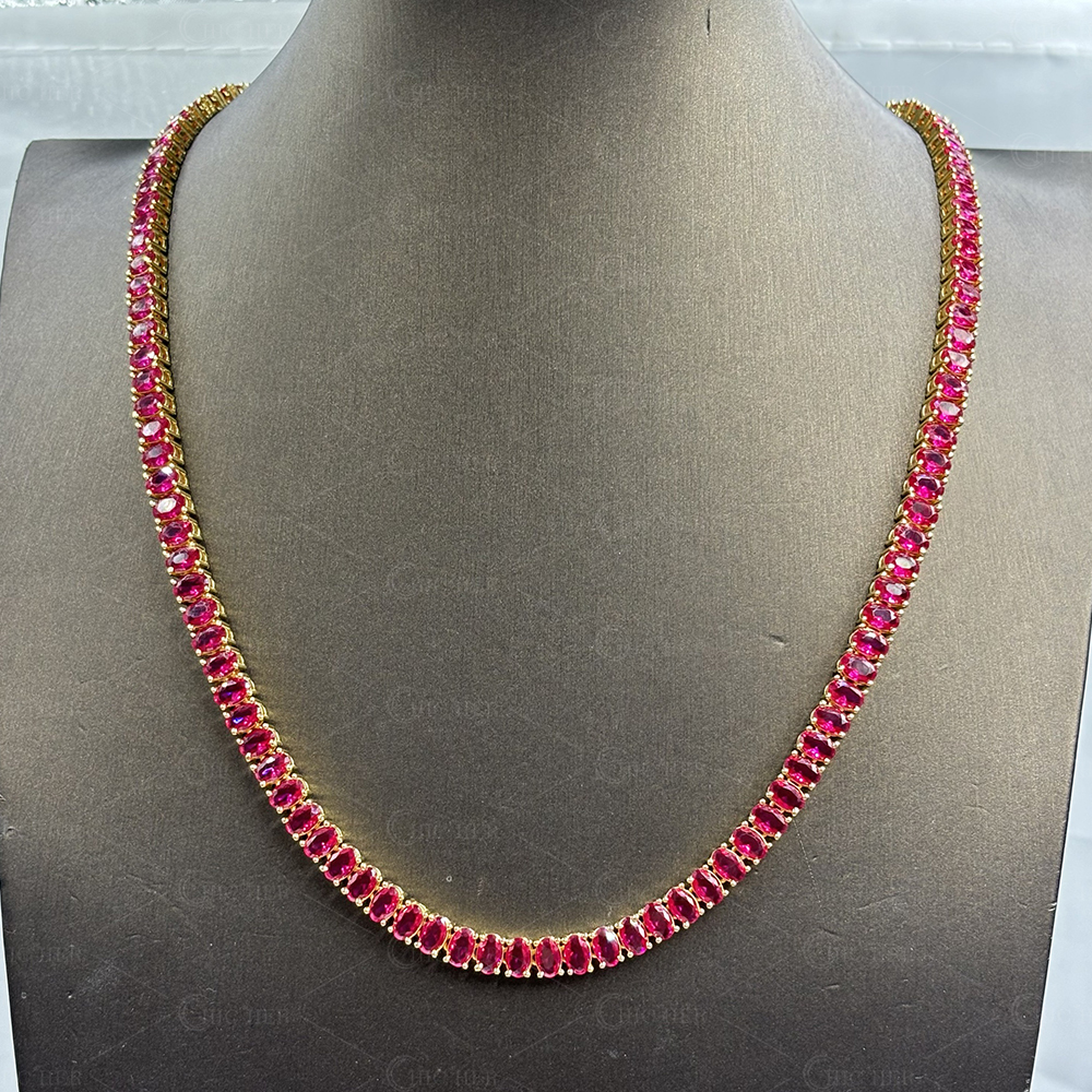 Classic Oval Cut Ruby Sapphire Tennis Necklace - Fierylee Made