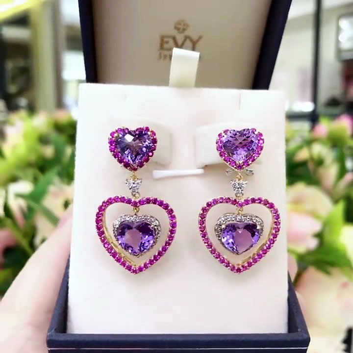 Heart Cut Amethyst Sapphire Drop Earrings