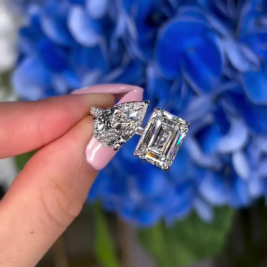 5.2ct Pear&Emerald Cut White Sapphire Toi et Moi Ring - Fierylee Made