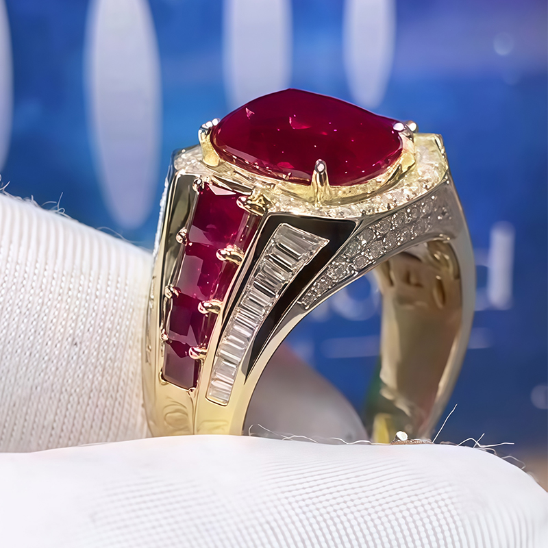 Cushion Cut Ruby & Multi-Cut White Sapphire Men's Ring