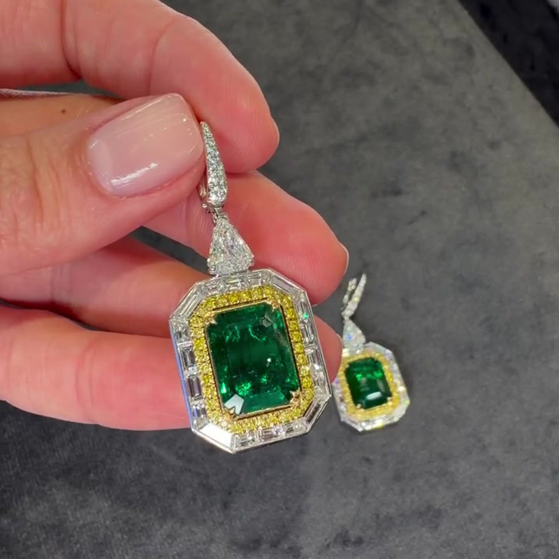 Emerald Cut Halo Peridot Drop Earrings