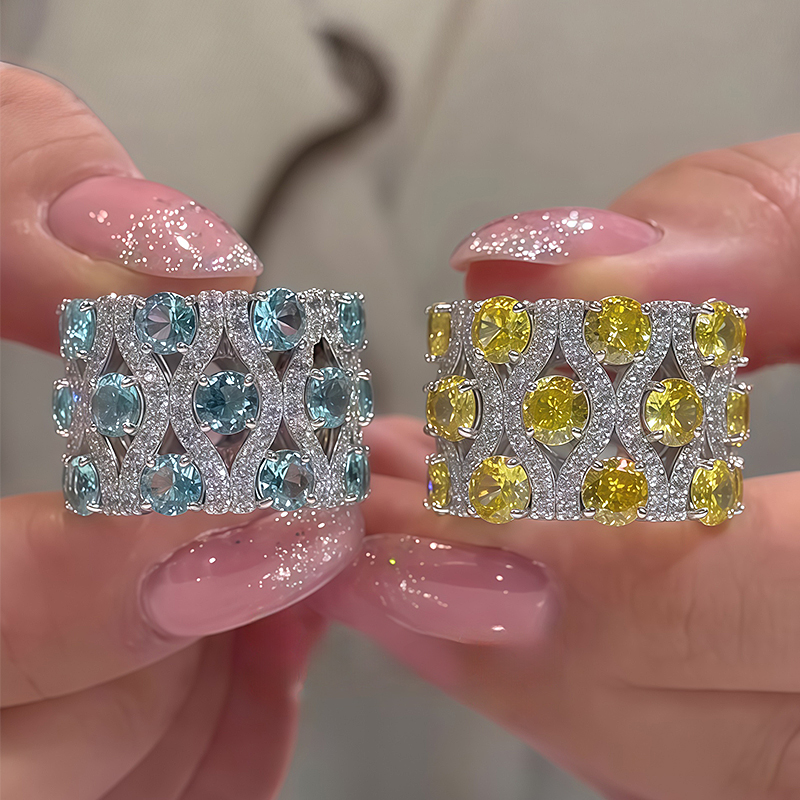 Grid Pattern Multi-Color Sapphire Round Cut Wide Wedding Band