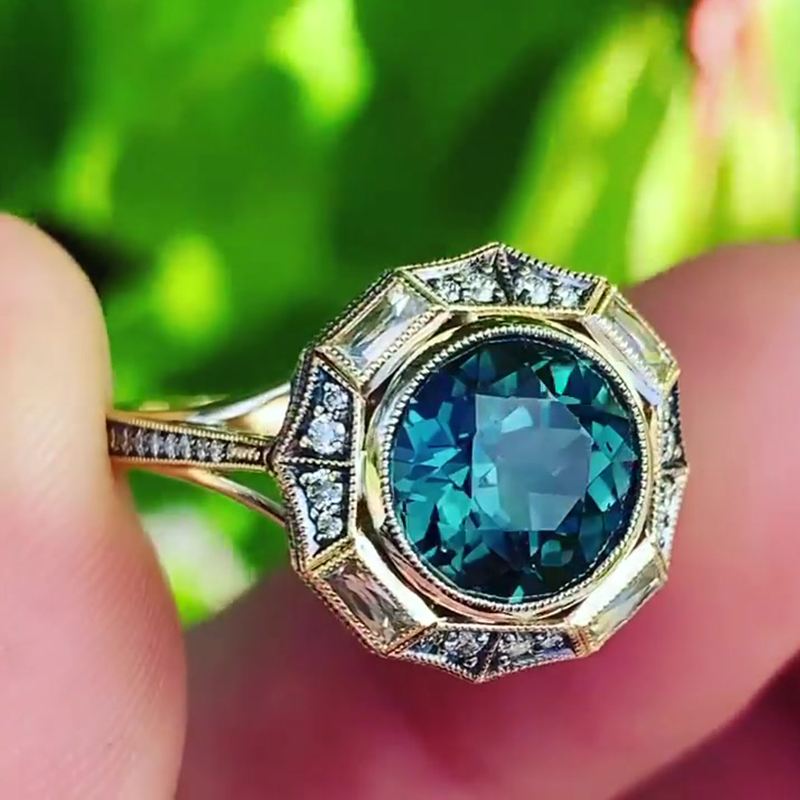 Vintage Octagonal 4ct Round Cut Teal Sapphire Statement Ring - Fierylee Made