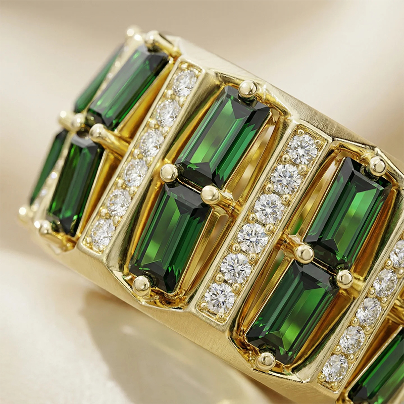 Baguette Emerald & White Sapphire Wide Band Statement Men's Ring