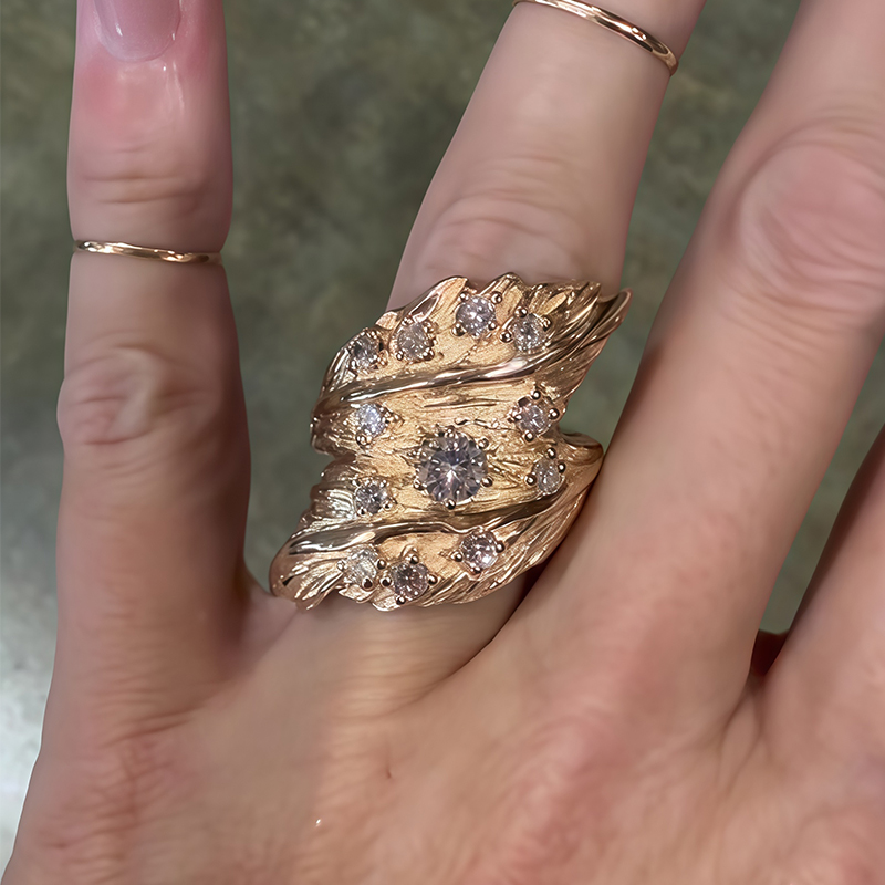 Textured Leaf Cluster Round Cut White Sapphire Band