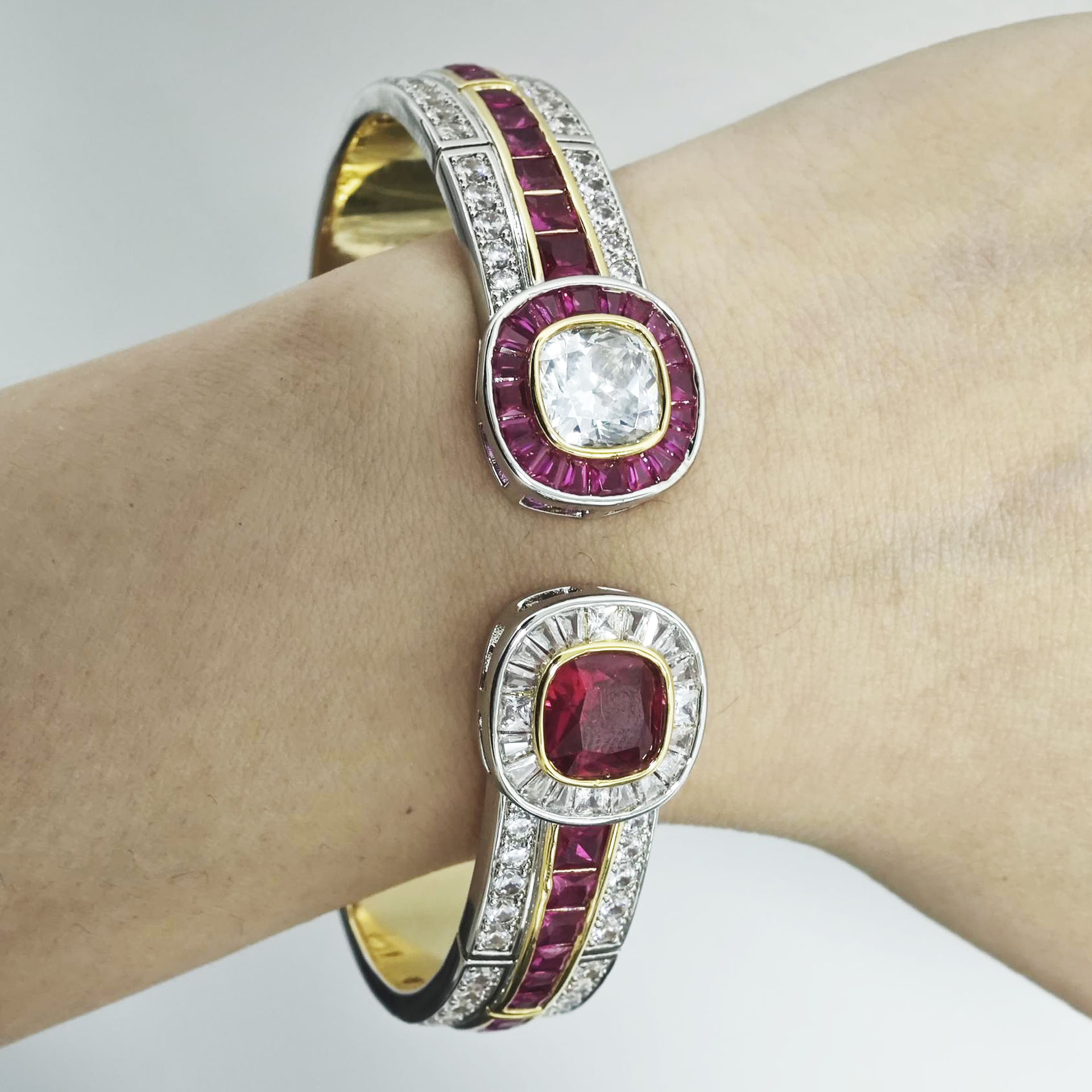 Two-Tone Cushion Cut White&Ruby Sapphire Bracelet