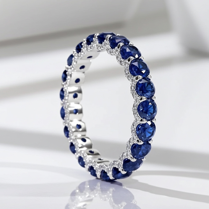 Two Style Round Cut Sapphire&Diamond Wedding Band