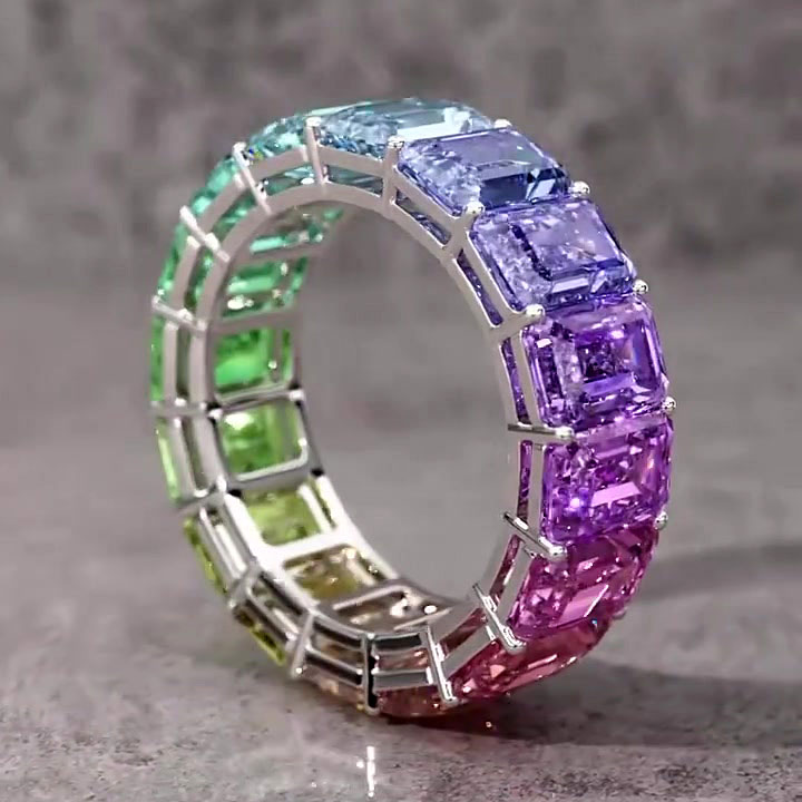 6.25ct Emerald Cut Rainbow Sapphire Eternity Ring - Fierylee Made