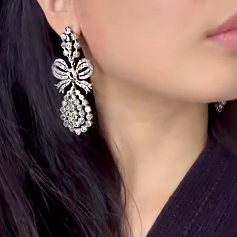 Luxurious Vintage 7ct Round Cut White Diamond Bow Earrings