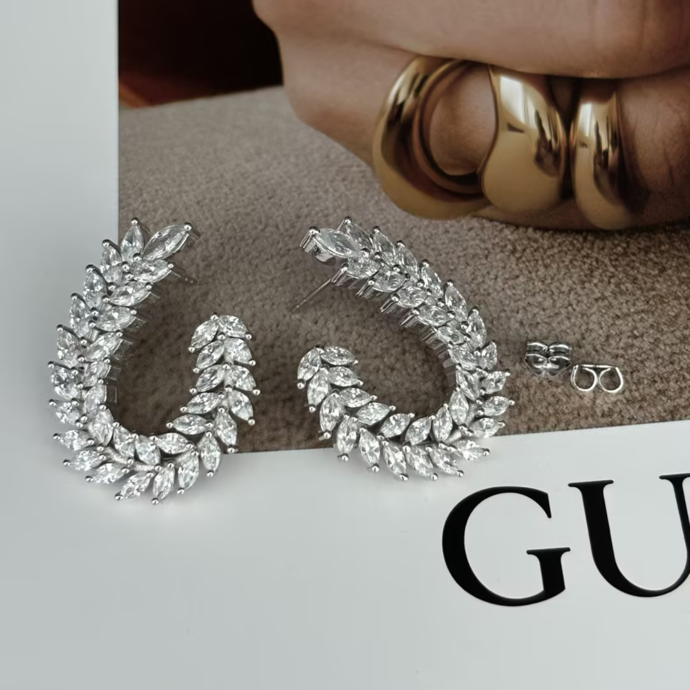 S925 Moissanite Leaf Design Marquise Cut Hoop Earrings - Fierylee Made