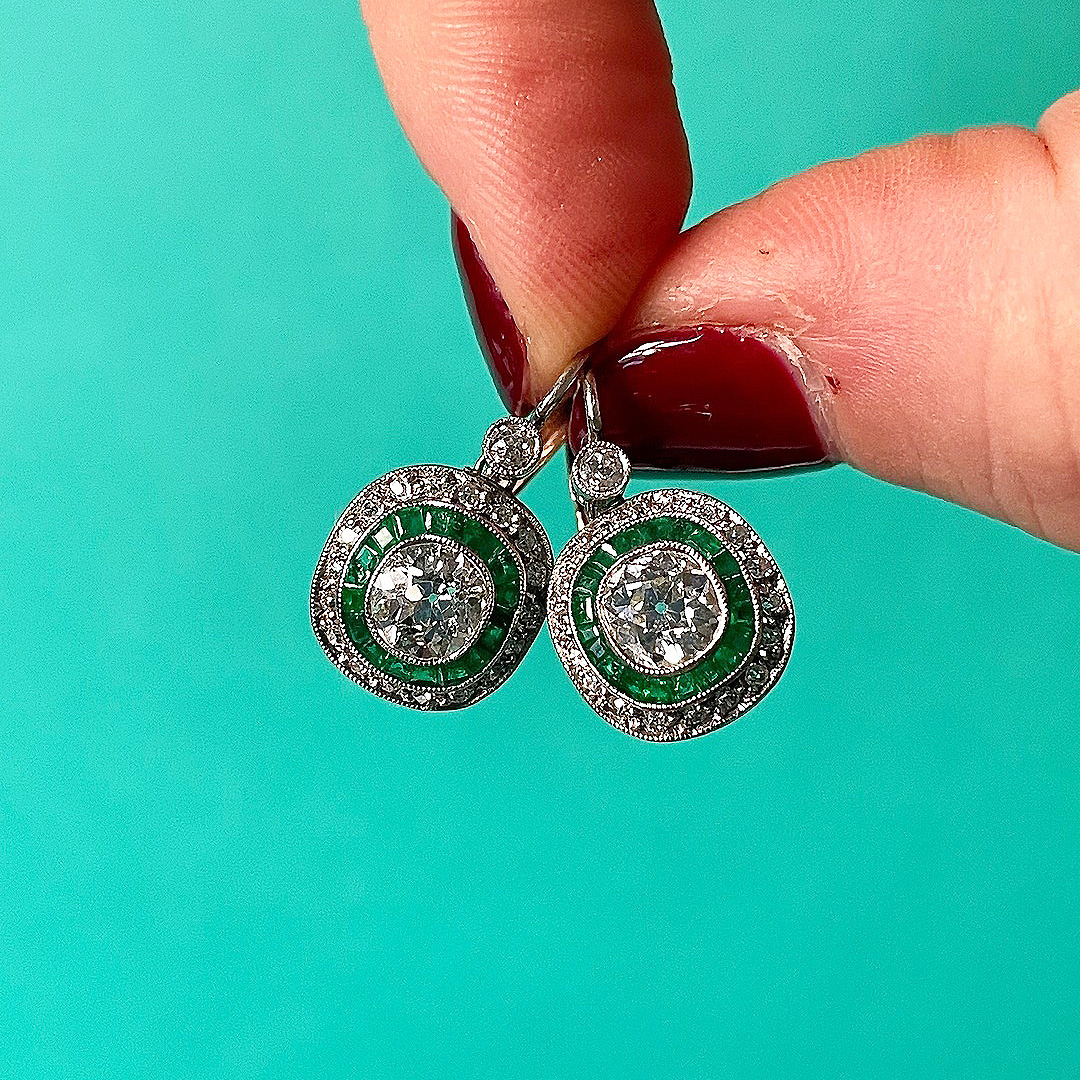Art Deco Old Mine Cut Emerald Caliber Drop Earrings
