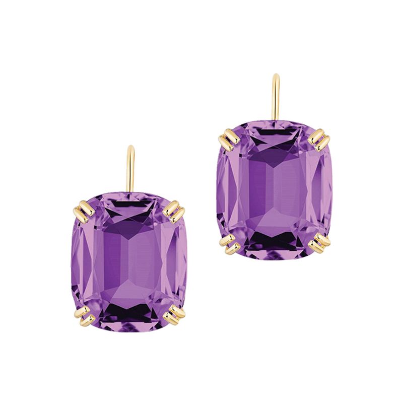 6ct Gold Double Claw Cushion Cut Purple Drop Earrings