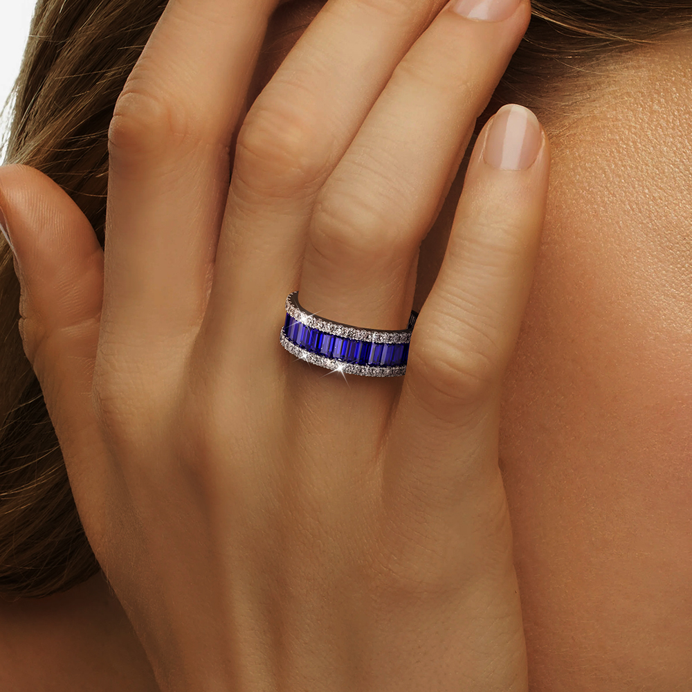6.25ct Emerald Cut Blue Sapphire Eternity Ring - Fierylee Made